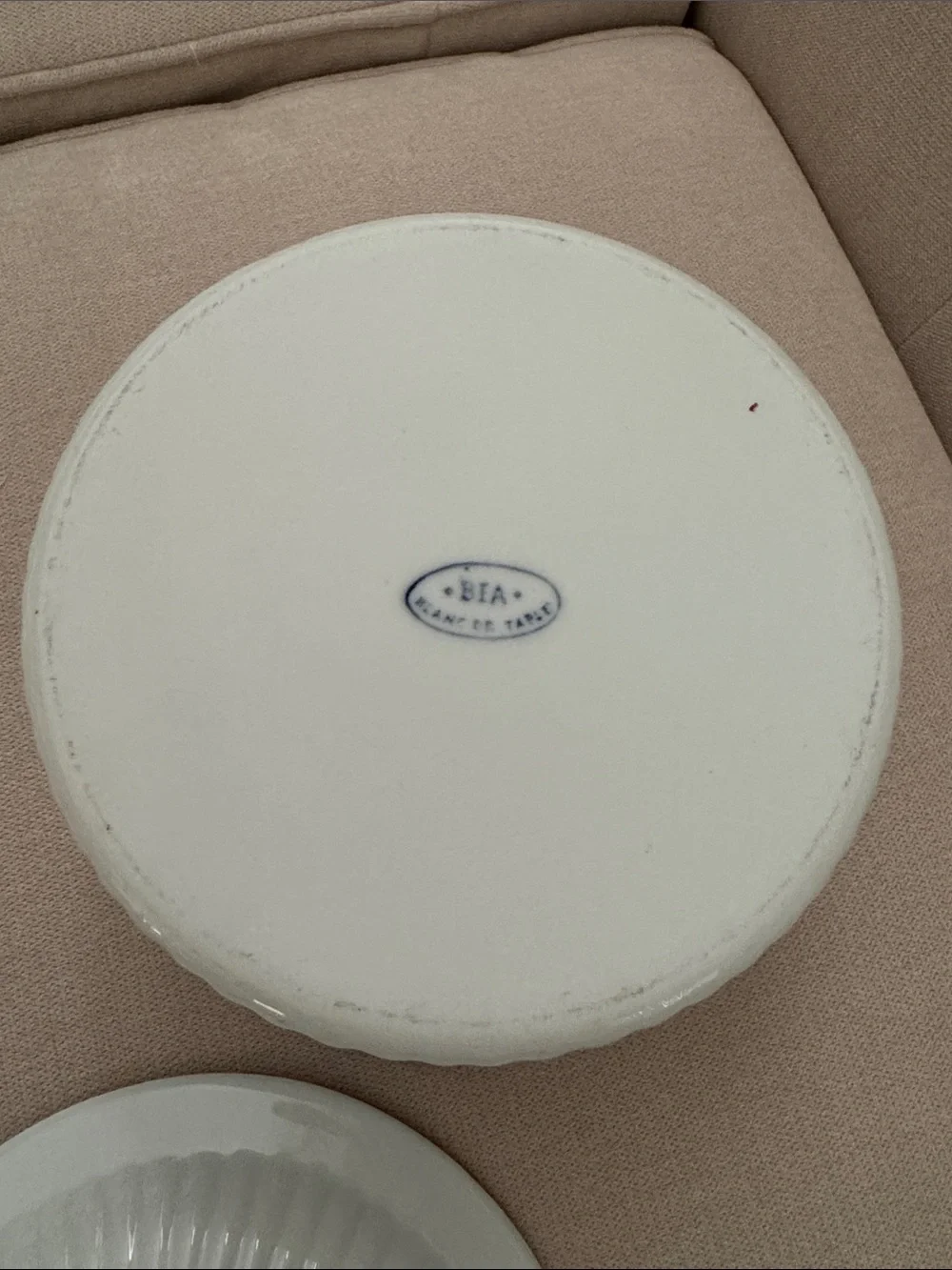BIA Blanc De Table Casserole Dish With Lid Round White Blue Ribbed 8.5”x 4.5”